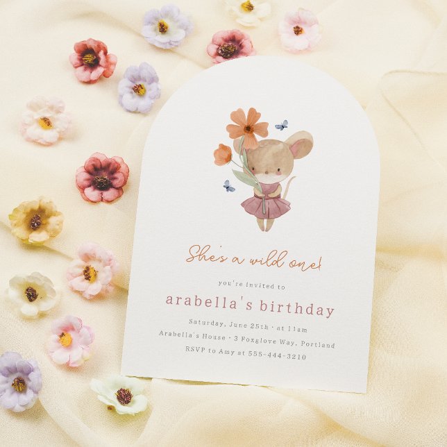 Little Mouse Vild One Boho Wildblomma 1st Birthday Inbjudningar (Card Mock-up)