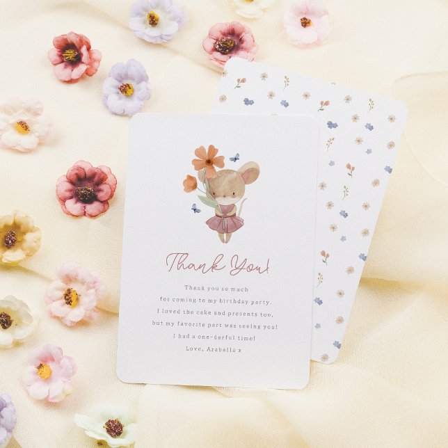 Little Mouse Vild One Boho Wildblomma 1st Birthday Tack Kort (Card Front & Back Mock-up)