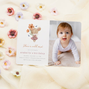 Little Mouse Vild One Flower Photo 1st Birthday Inbjudningar