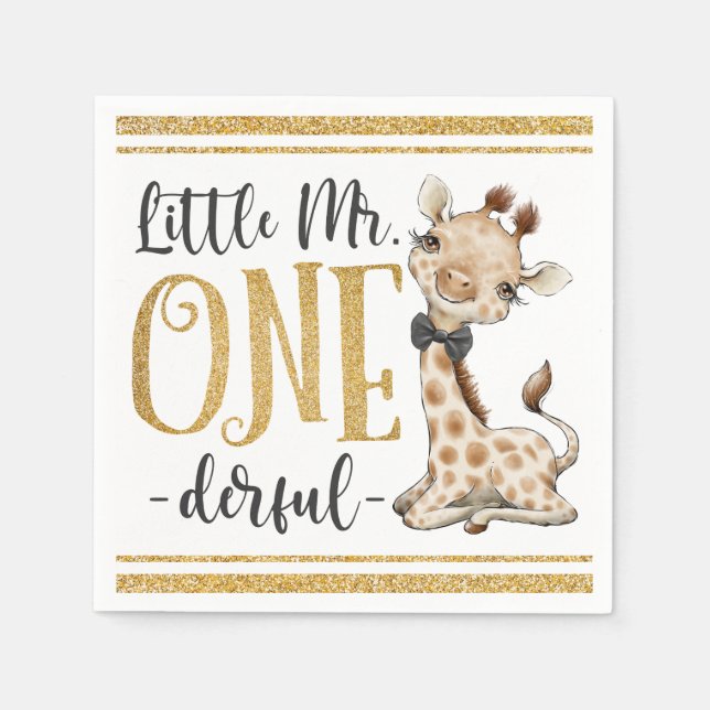 Little Mr One Derful Cute Giraffe 1st Birthday Na Pappersservett (Framsidan)