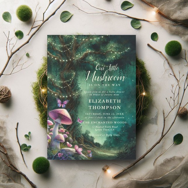 Little Mushroom Enchanted Woodland Baby Shower Inbjudningar (enchanted forest baby shower fairy tale faerie mushrooms butterflies green purple lavender woodland)