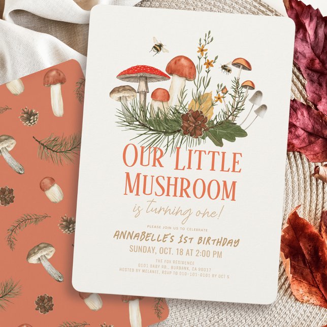 Little Mushroom Fall Hösten 1:a födelsedag Inbjudningar (Skapare uppladdad)