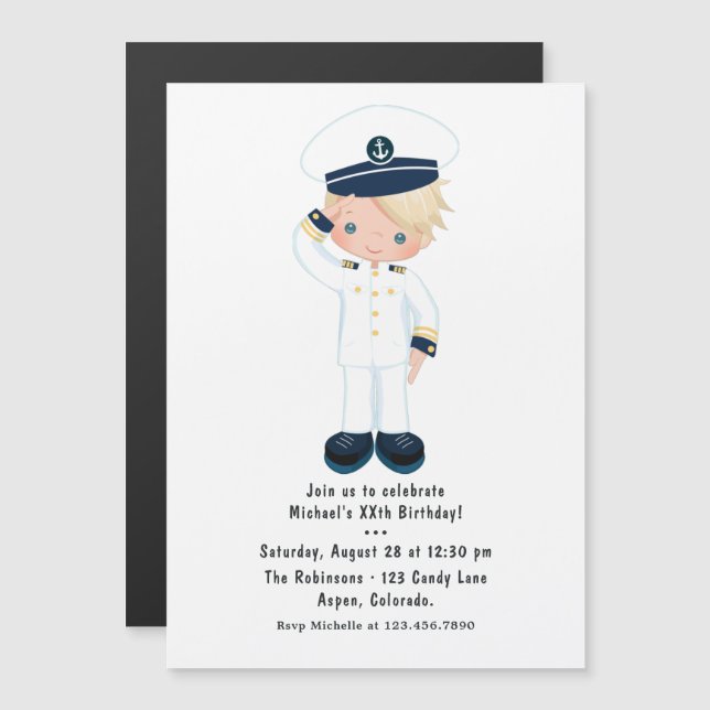 Little Navy Boy Nautical Födelsedagsfest Magnetisk Inbjudningskort (Fram/baksida)
