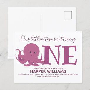Little Octopus Turing One Animal First Birthday Inbjudan Vykort