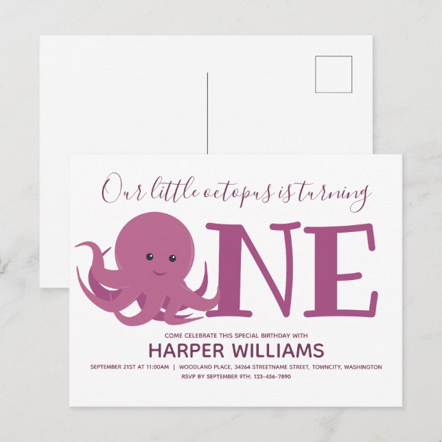 Little Octopus Turing One Animal First Birthday Inbjudan Vykort (Fram/baksida)
