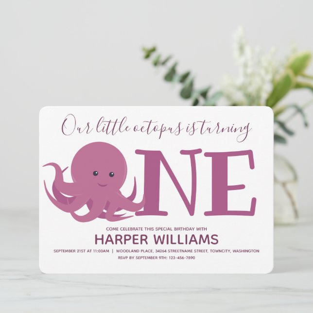 Little Octopus Turing One Animal First Birthday Inbjudningar (Stående Fram)