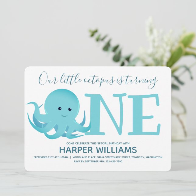 Little Octopus Turing One Animal First Birthday Inbjudningar (Stående Fram)