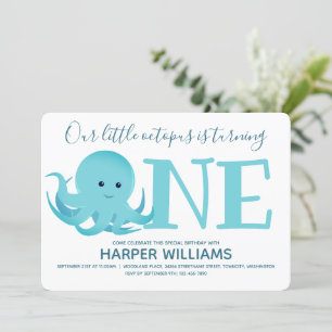 Little Octopus Turing One Animal First Birthday Inbjudningar