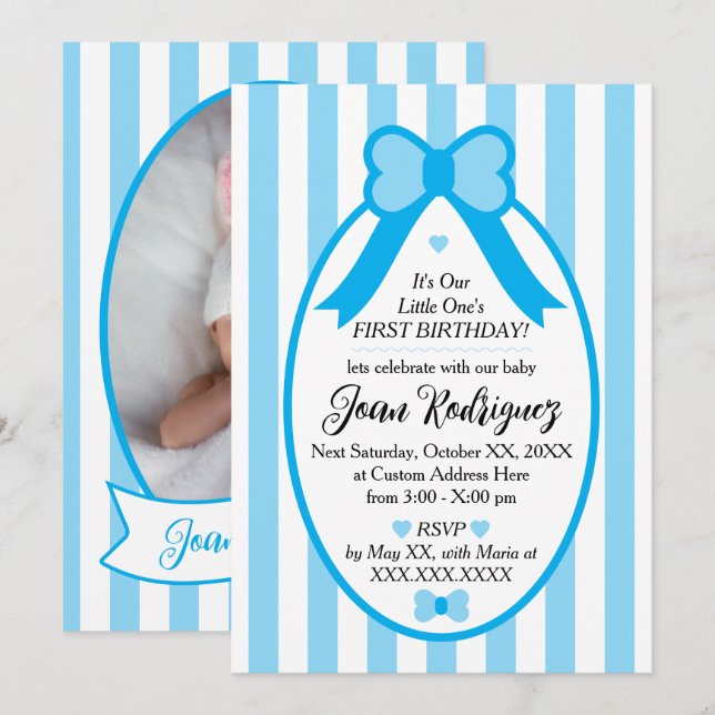 Little One Bow 1st Birthday Photo Invitations Inbjudningar (Fram/baksida)