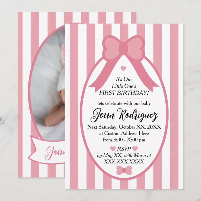 Little One Bow 1st Birthday Photo Invitations Inbjudningar (Fram/baksida)