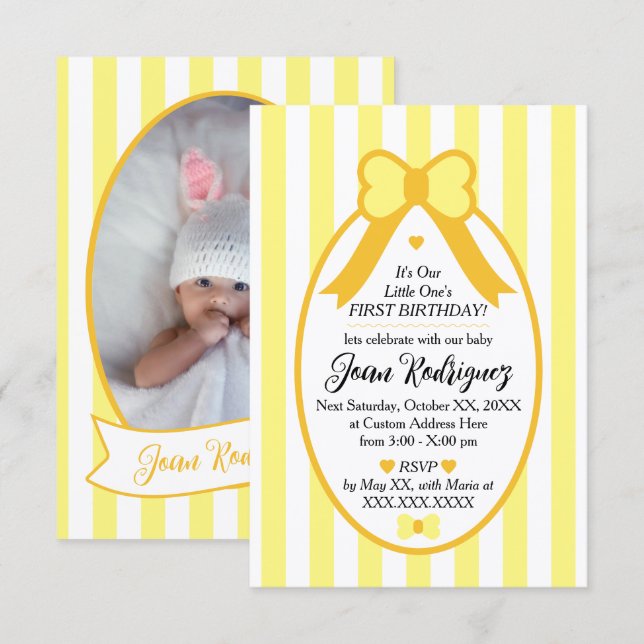 Little One Bow 1st Birthday Photo Invitations Tack Kort (Fram/baksida)