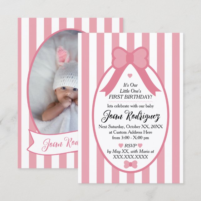 Little One Bow 1st Birthday Photo Invitations Tack Kort (Fram/baksida)