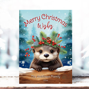Little Otter Peeking Holly & Gräs God jul Julkort