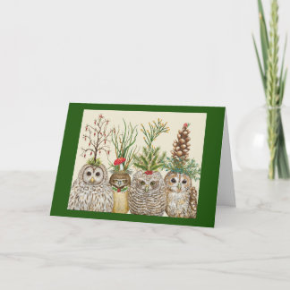 Little Owls with Holiday hats Folded Greeting Card Kort