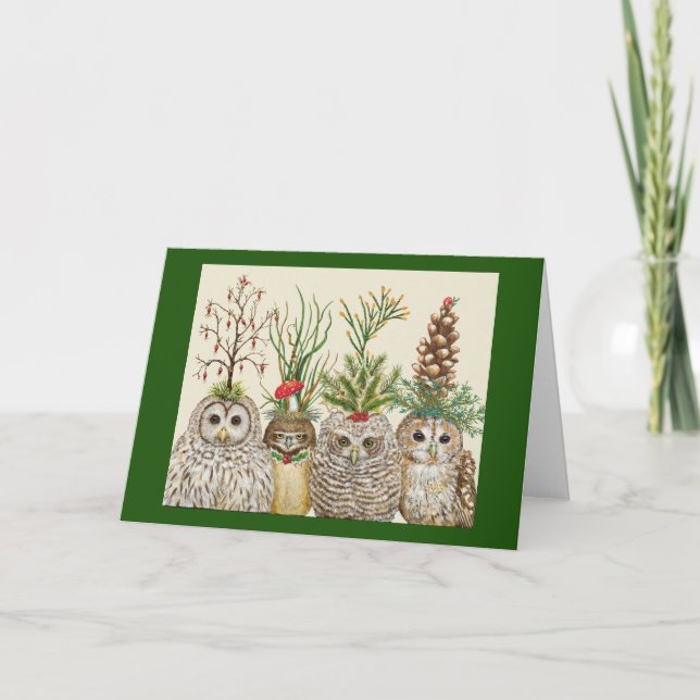 Little Owls with Holiday hats Folded Greeting Card Kort (Framsida)