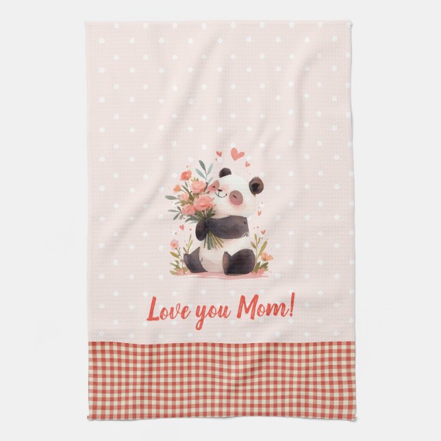 Little Panda Holding Flowers Mors dag Gift Kökshandduk (Vertikal)