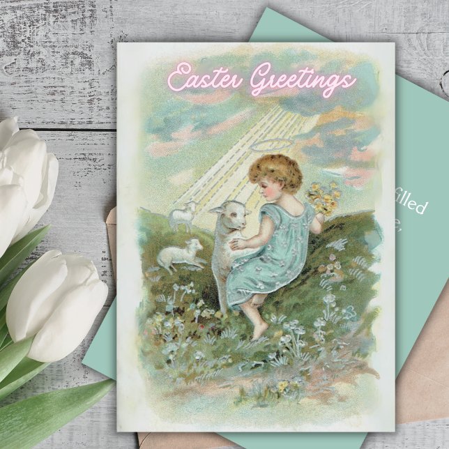 Little Påsk Angel med Lambs Anpassningsbar Påsk Julkort (Little Easter Angel With Lambs Custom Easter Holiday Card)