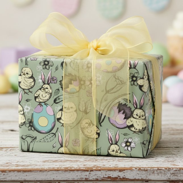 Little Påsk Chicks & Bunny Öron, Eggs & Flowers Presentpapper (Cute Easter Chicks Wrapping Paper with Rabbit Ears & Colorful Eggs for Kids Easter Baskets, Egg Hunt)