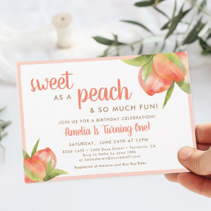 Little Peach Flicka 1:a födelsedagen Party Inbjudningar