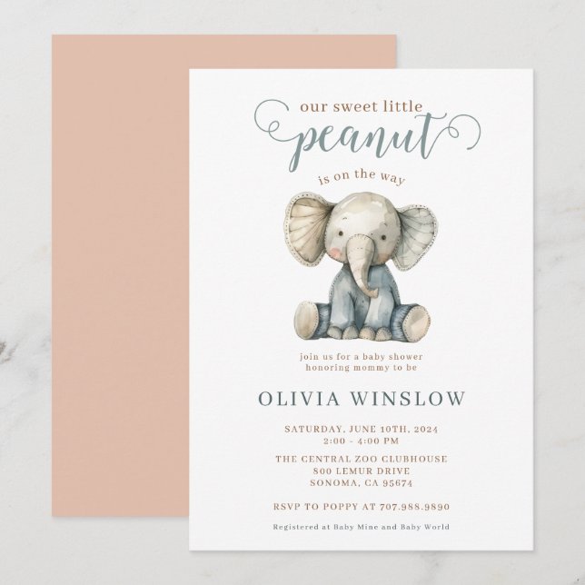 Little Peanut Baby Elephant Baby Shower Inbjudningar (Fram/baksida)