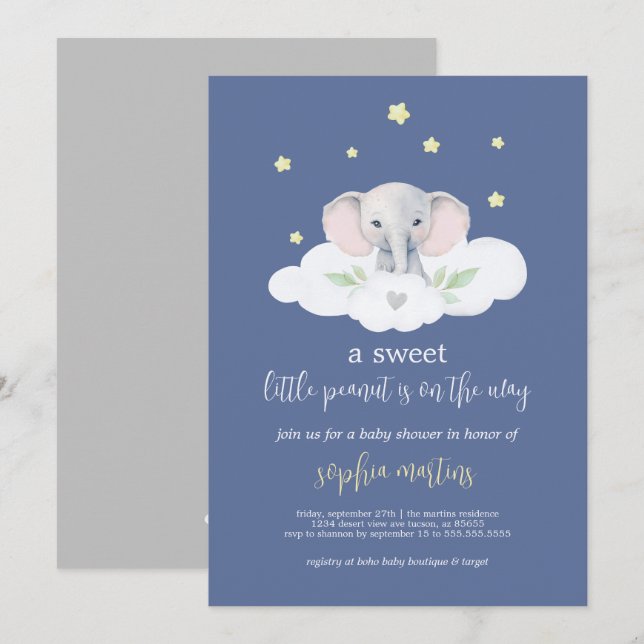 Little Peanut Baby Shower-inbjudan Blue Elephant Inbjudningar (Fram/baksida)
