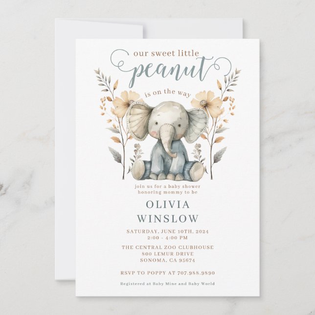 Little Peanut Blue Baby Elephant Baby Shower Inbjudningar (Framsida)