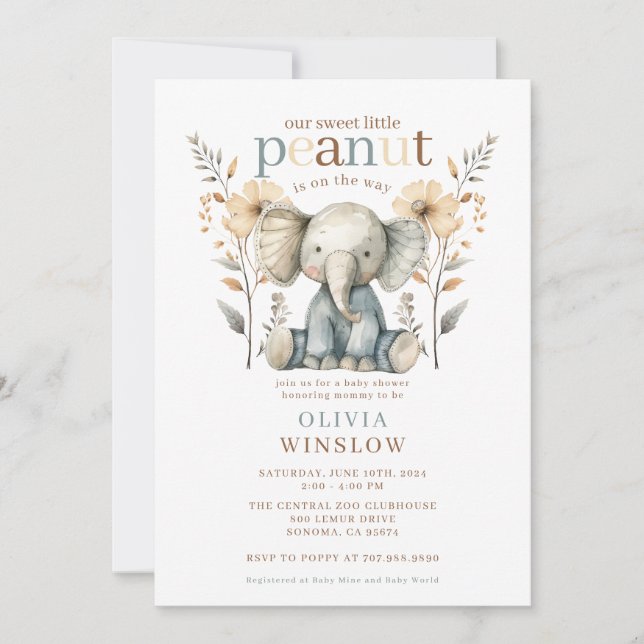 Little Peanut Blue Baby Elephant Baby Shower Inbjudningar (Framsida)