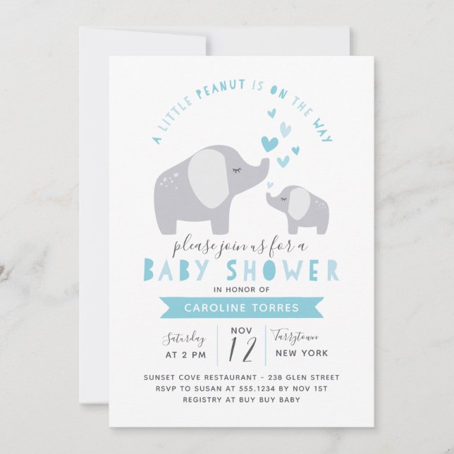 Little Peanut Elephant | Babyskor | Blå Inbjudningar (Framsida)