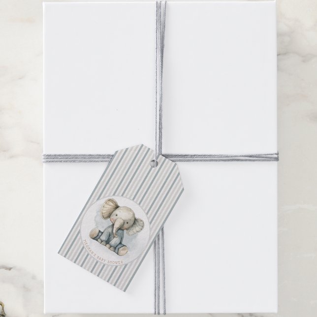 Little Peanut Elephant Blue Stripe Baby Shower Presentetikett (Skapare uppladdad)