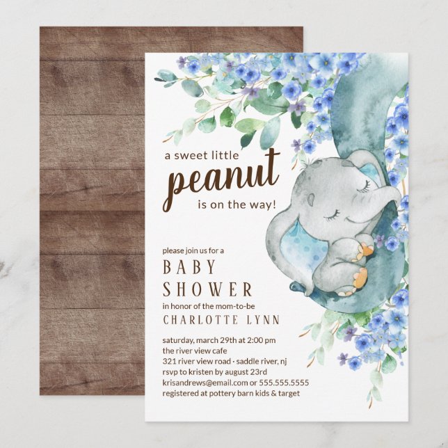 Little Peanut Elephant Boys Baby Shower Inbjudningar (Fram/baksida)