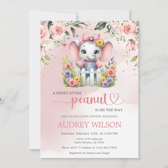 Little Peanut Elephant Rosa Blommigt Inbjudningar (Framsida)