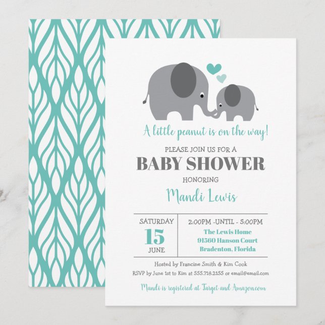 Little Peanut Elephant Teal Baby Shower Inbjudningar (Fram/baksida)