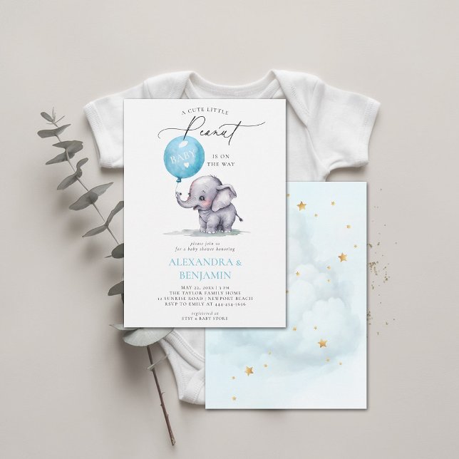 Little Peanut Elephant Watercolor Pojke Shower Inbjudningar (little peanut baby shower invitation elephant balloon watercolor coed couple modern elegant chic)