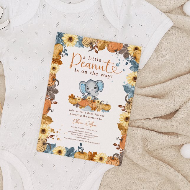 Little Peanut - Fall Elephant Pumpkin Baby Shower Inbjudningar (A Little Peanut is on the Way - Fall Elephant Pumpkin Baby Boy Shower Invitation)