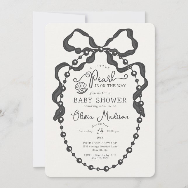 Little Pearl Black Coquette Bow Baby Shower Inbjud (Framsida)