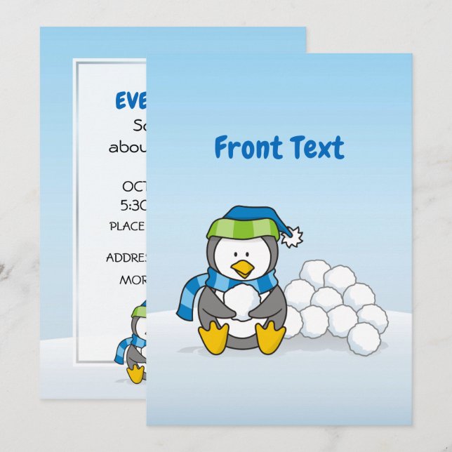Little penguin sitta med snö bollar inbjudningar (Fram/baksida)