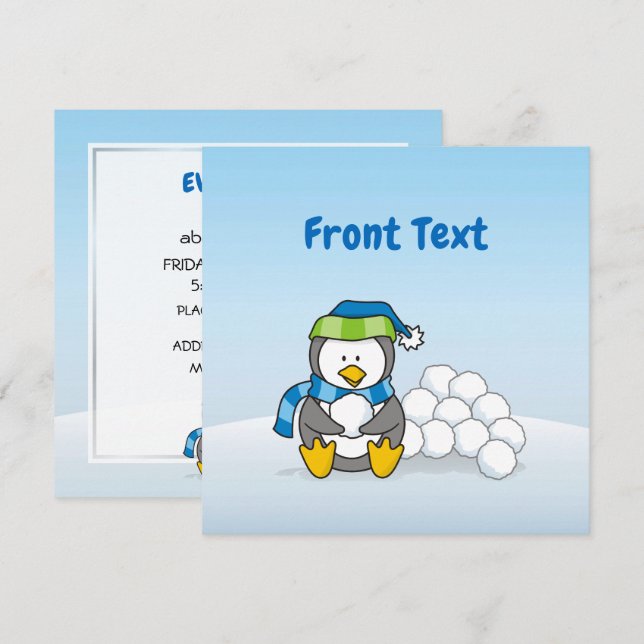 Little penguin sitta med snö bollar inbjudningar (Fram/baksida)