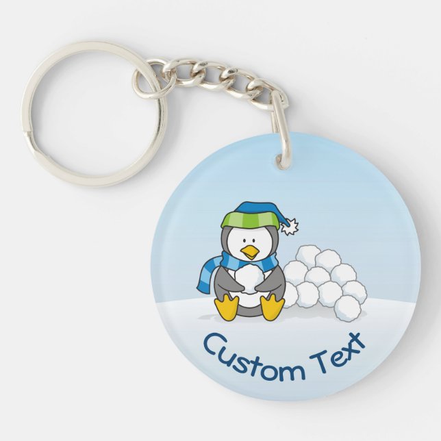 Little Penguin Sitta med Snöbollar Keychain (Framsidan)