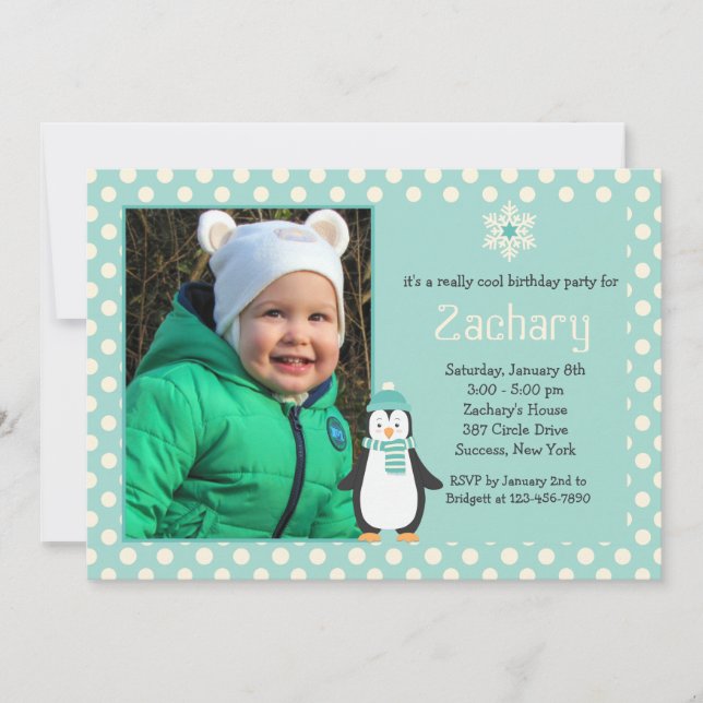 Little Penguin Teal Photo-inbjudan Inbjudningar (Framsida)