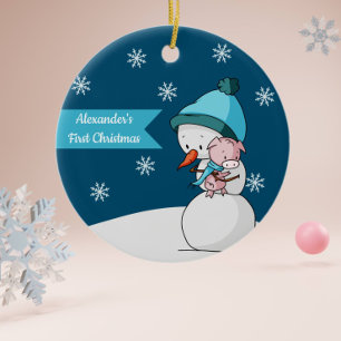 Little Pig och Snögubbe Hugger Första jul Julgransprydnad Keramik