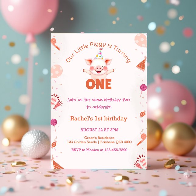 Little Piggy 1st Birthday | Farm Barnyard Theme Inbjudningar (Cute Little Piggy 1st Birthday _ Farm Barnyard Theme Invitation)