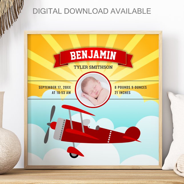 Little Pilot Red Airplane Baby Photo Birth Stats Poster (Skapare uppladdad)