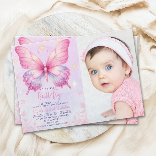 Little Pink Butterfly - Girls' Birthday with Photo Inbjudningar (Skapare uppladdad)