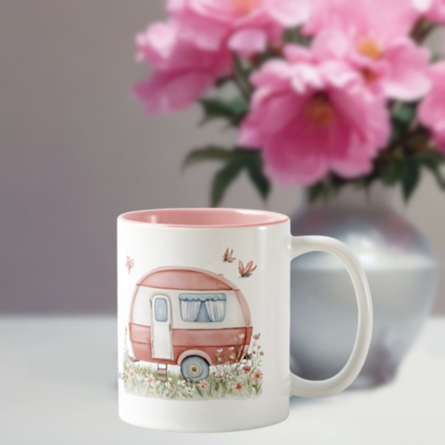 Little Pink Glamper Camper with Butterflies Två-Tonad Mugg (Skapare uppladdad)