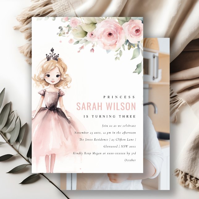 Little Pink Princess Rose Floral Birthday Photo Inbjudningar (Skapare uppladdad)