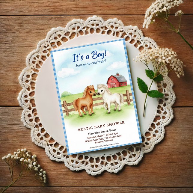 Little Pony Baby Boy Shower Gingham Invitation Vykort (Skapare uppladdad)