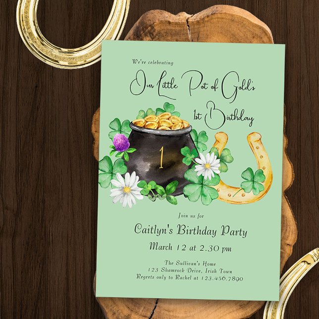 Little Pot of Guld Irish Shamrock Födelsedagsfest Inbjudningar (Irish Theme 1st Birthday Invitation - editable for any age - with pot of gold and lucky horseshoe)