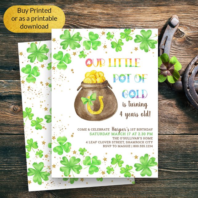 Little Pot of Guld Lucky Shamrock Barns födelsedag Inbjudningar (Kids Whimsical St Patricks Themed Birthday Invitation)