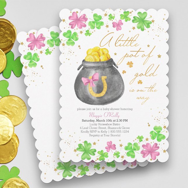 Little Pot of Guld Rosa Grönt Shamrock Baby Shower Inbjudningar (Girl Baby Shower with Pink Shamrocks and St Patricks theme - available printed or printable download)