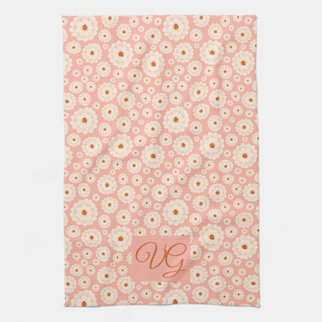 Little Powder Rosa Flowers Monogram Kitchen Towel Kökshandduk (Vertikal)